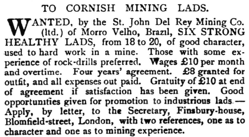 Cornish miners wanted for Morro Velho