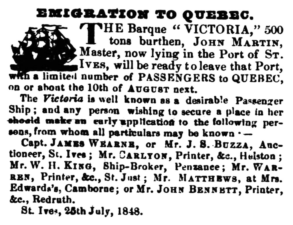 Emigration to Quebec, Canada from St. Ives, Cornwall