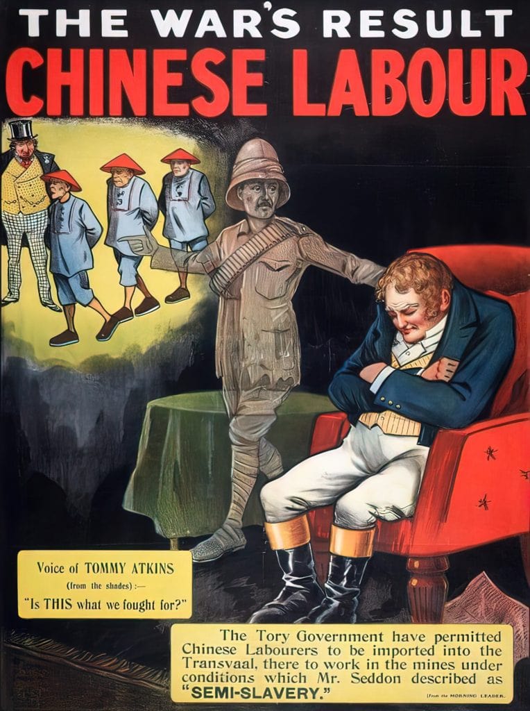 Liberal Party Poster 1906 pointing out the issues with Chinese labour on South African mines