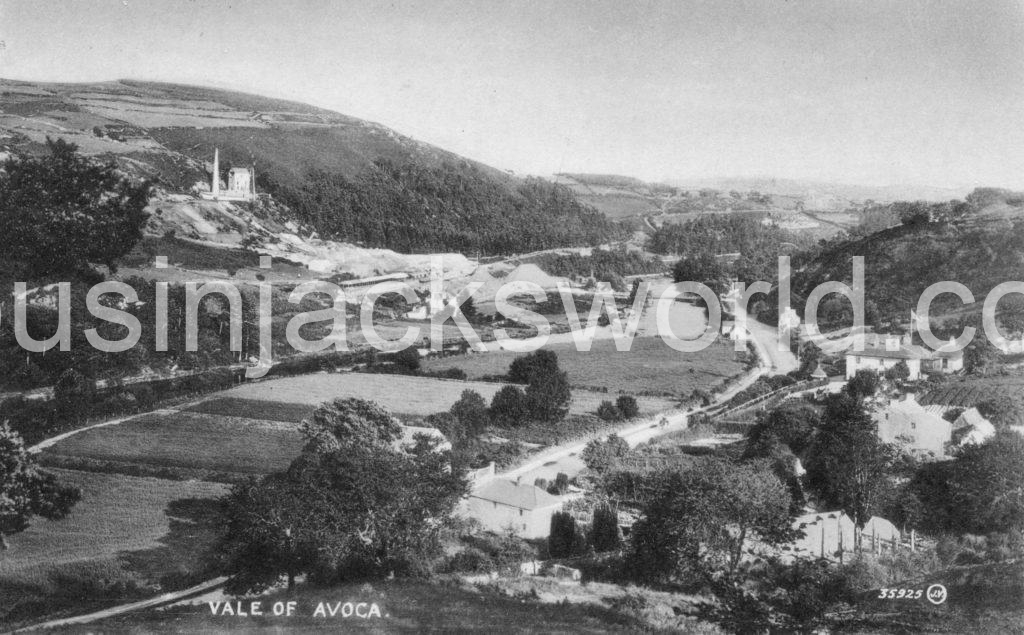 View down the Avoca Valley showing the roof of the Wesleyan Methodist chapel just visible through the trees bottom left, and the engine house at Williams Shaft.