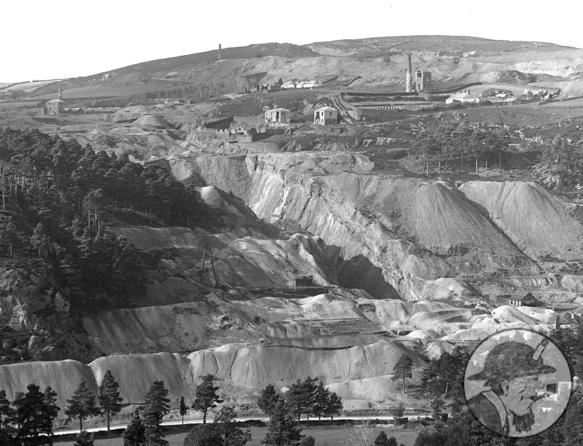 The West Avoca Mines showing the engine houses, count house, and management housing