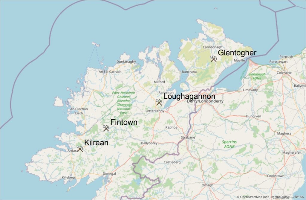 Location of the mines of Glentogher, Loughnagannon, Fintown and Kilraine mining companies