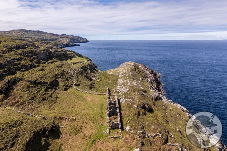 Gortagvallig Mine cottages aerial view, Sheeps Head, Co. Cork, Ireland