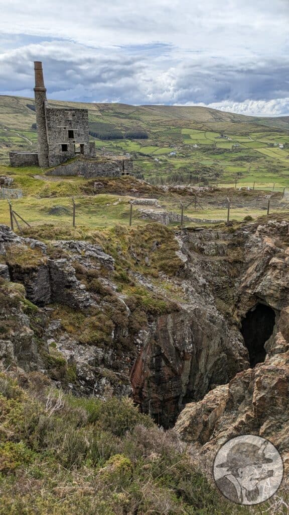 Remains of walling (far left) of 30-inch pumping engine at Mountain Mine, Allihies
